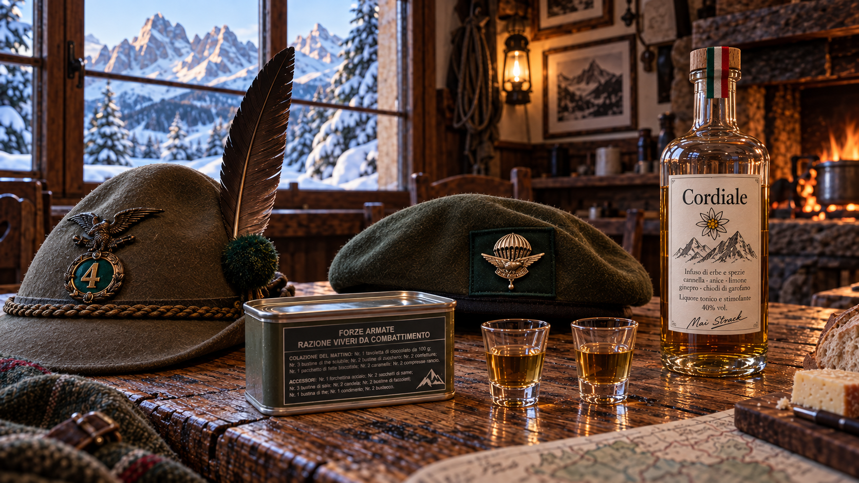 Cordiale artwork: grappa bottles and alpine hats in a mountain tavern